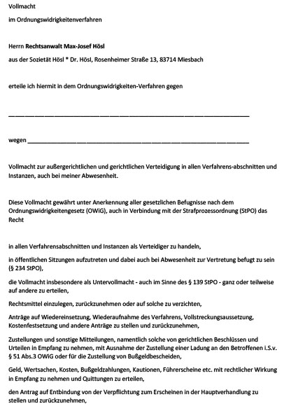 vollmacht im ordungswidrigkeitenverfahren