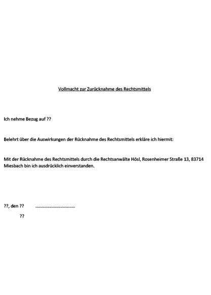 vollmacht zur zurücknahme des Rechtsmittels